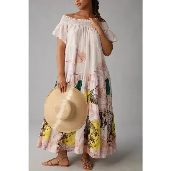 Anthropologie Maeve Pia Binazzi Tiered Off the Shoulder Pink Maxi Dress, Small - Picture 4 of 15